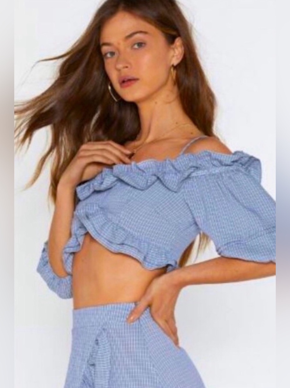 NWT Nasty Gal Baby Blue Ruffled Gingham Cold Shoulder Crop Top - 10 Medium